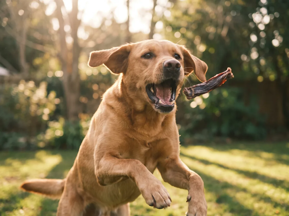 Hund fängt im Sprung einen fliegenden Natursnack im sonnigen Garten