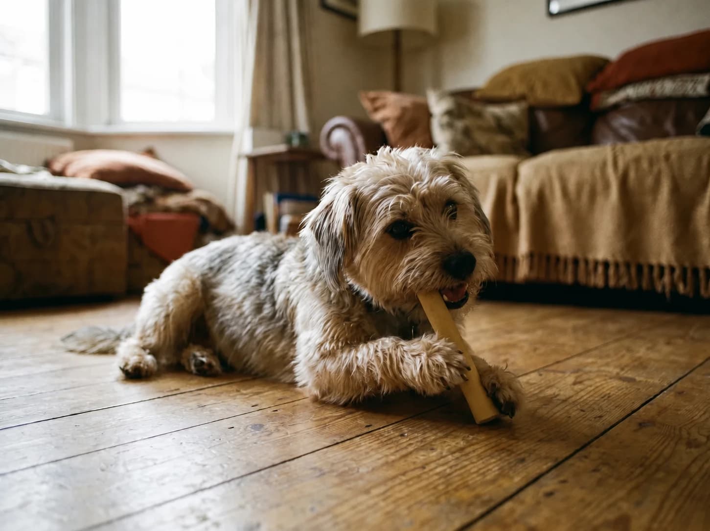 Hund kaut entspannt an einer Naturkaustange auf warmem Holzboden