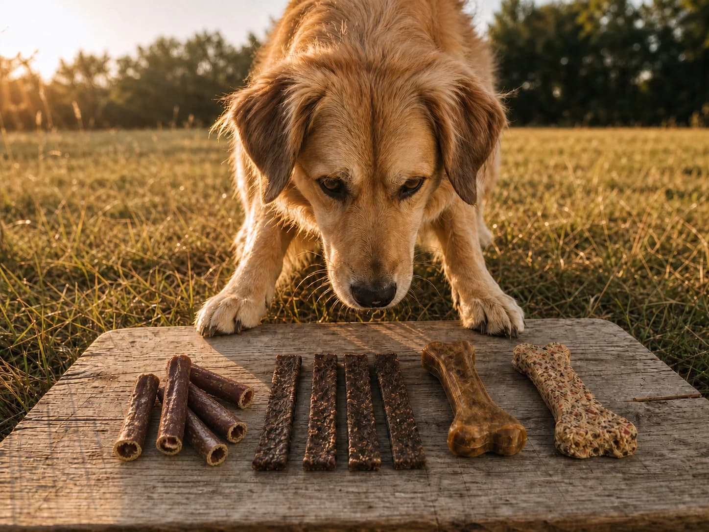 Glücklicher Hund neben einem Holzbrett mit losen Natursnacks auf der Wiese